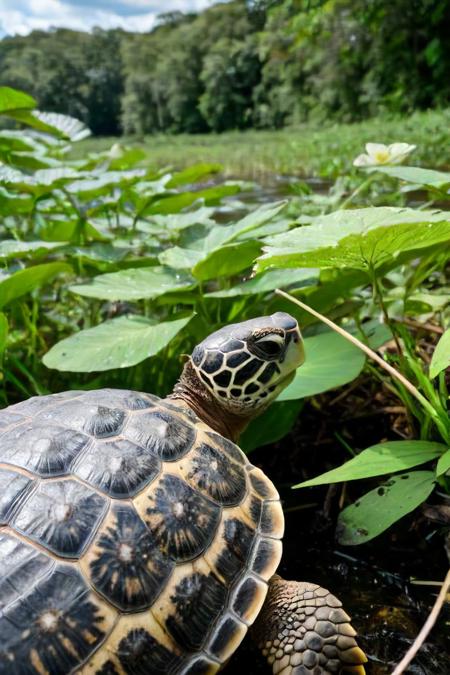 44738-1218239485-a photo shot in the point of view from the back of a Turtle's head, pov, close-up on the lower corner, on a sunny dense Amazon f.jpg